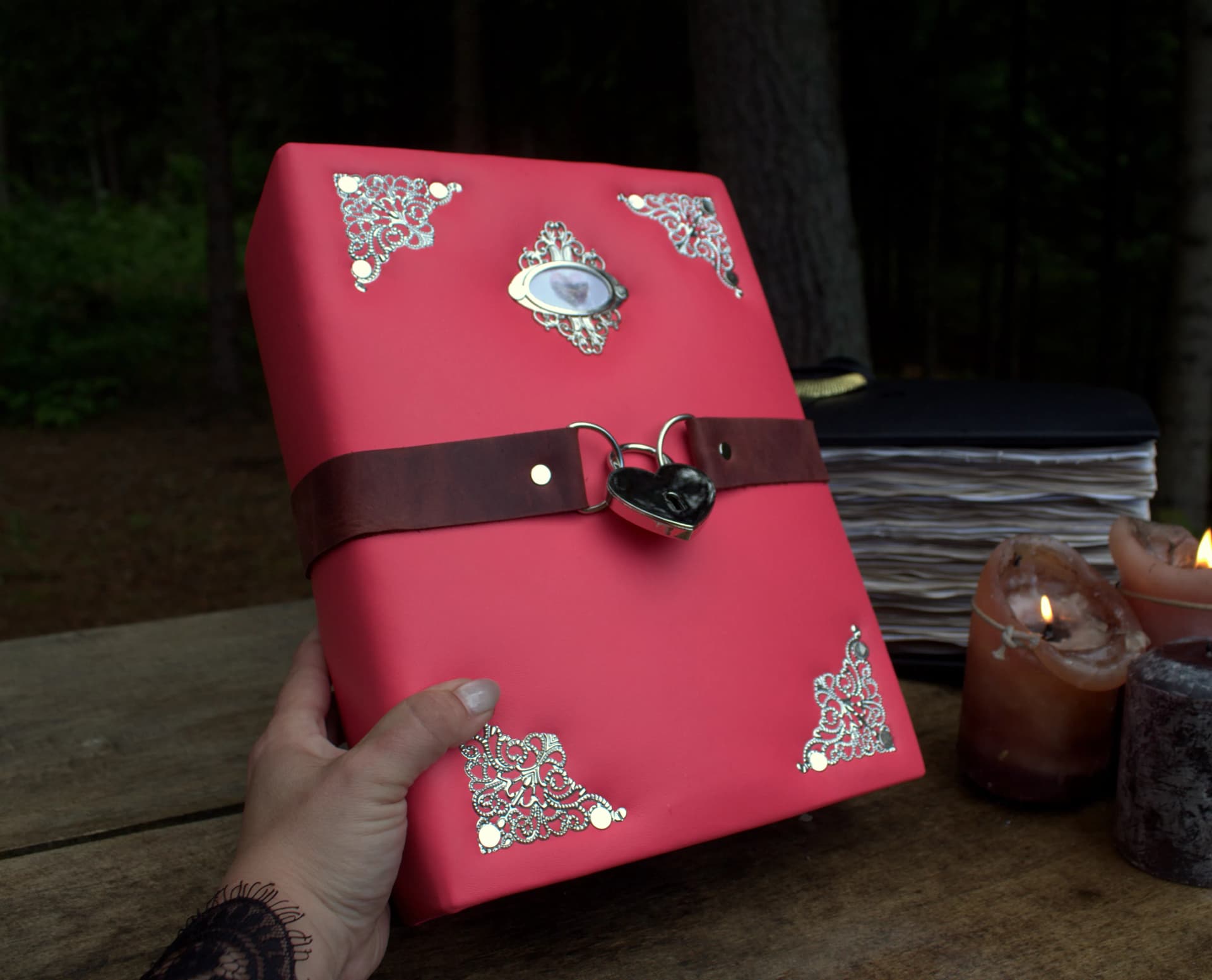 Pink Leather Grimoire with Lock, A4 Witch Journal, Book of Shadows, Large Handmade Spellbook thumbnail 8