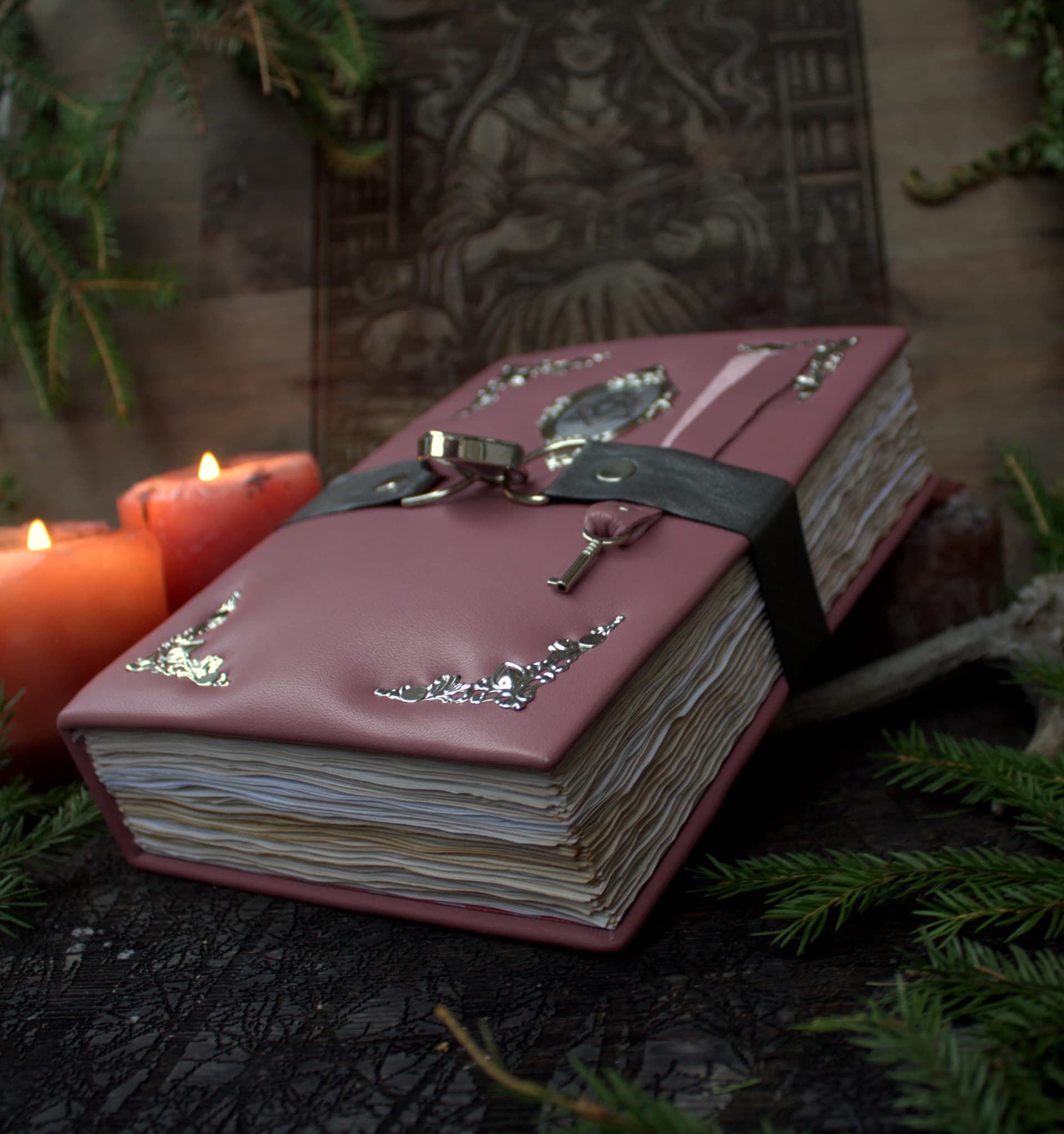 Pink Leather Grimoire Journal with Lock, Witch Spellbook thumbnail 2
