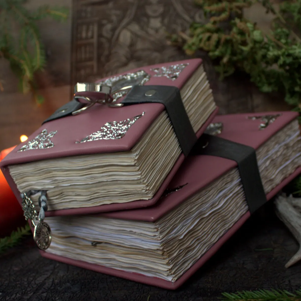 Handmade Pink Grimoire Set: Large and Small Witch Journal, Vintage Fantasy Notebook - Image 1