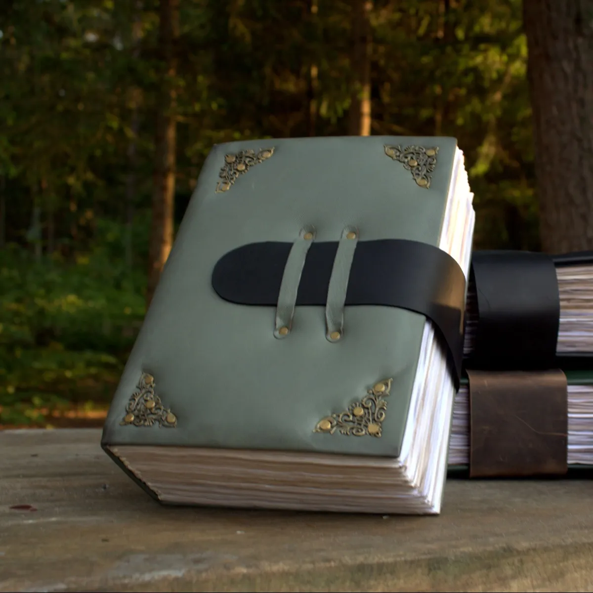 Handmade A4 Green Leather Grimoire, Medieval Book of Shadows, Fantasy Spell Book thumbnail 10