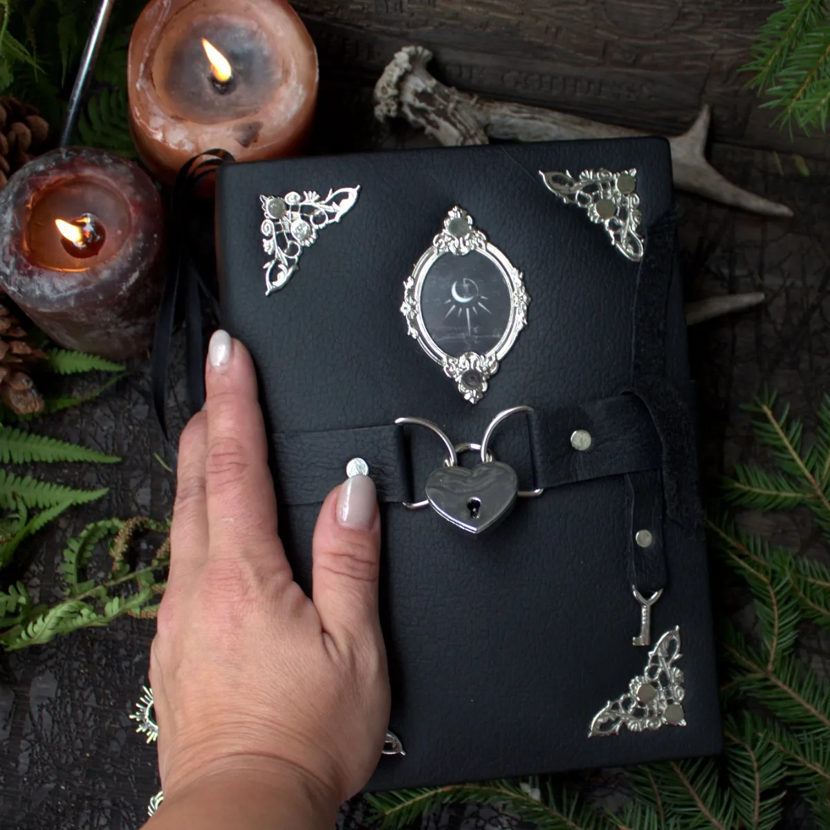 Leather Journal, Handmade Gothic Notebook, Black Grimoire, Vintage Spell Book, A5 Leather Diary with Lock, Fantasy Journal thumbnail 10