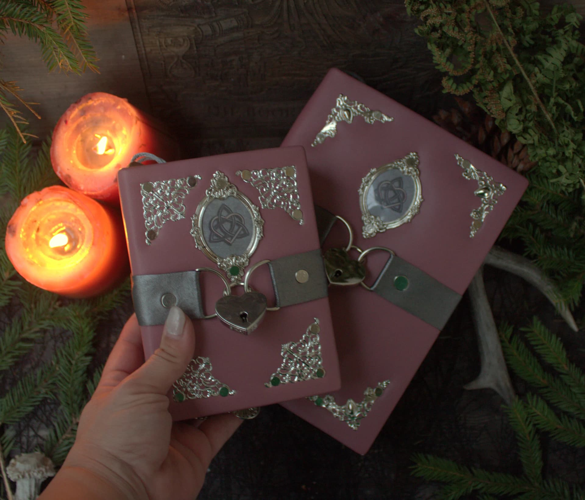 Handmade Pink Grimoire Set: Large and Small Witch Journal, Vintage Fantasy Notebook thumbnail 8