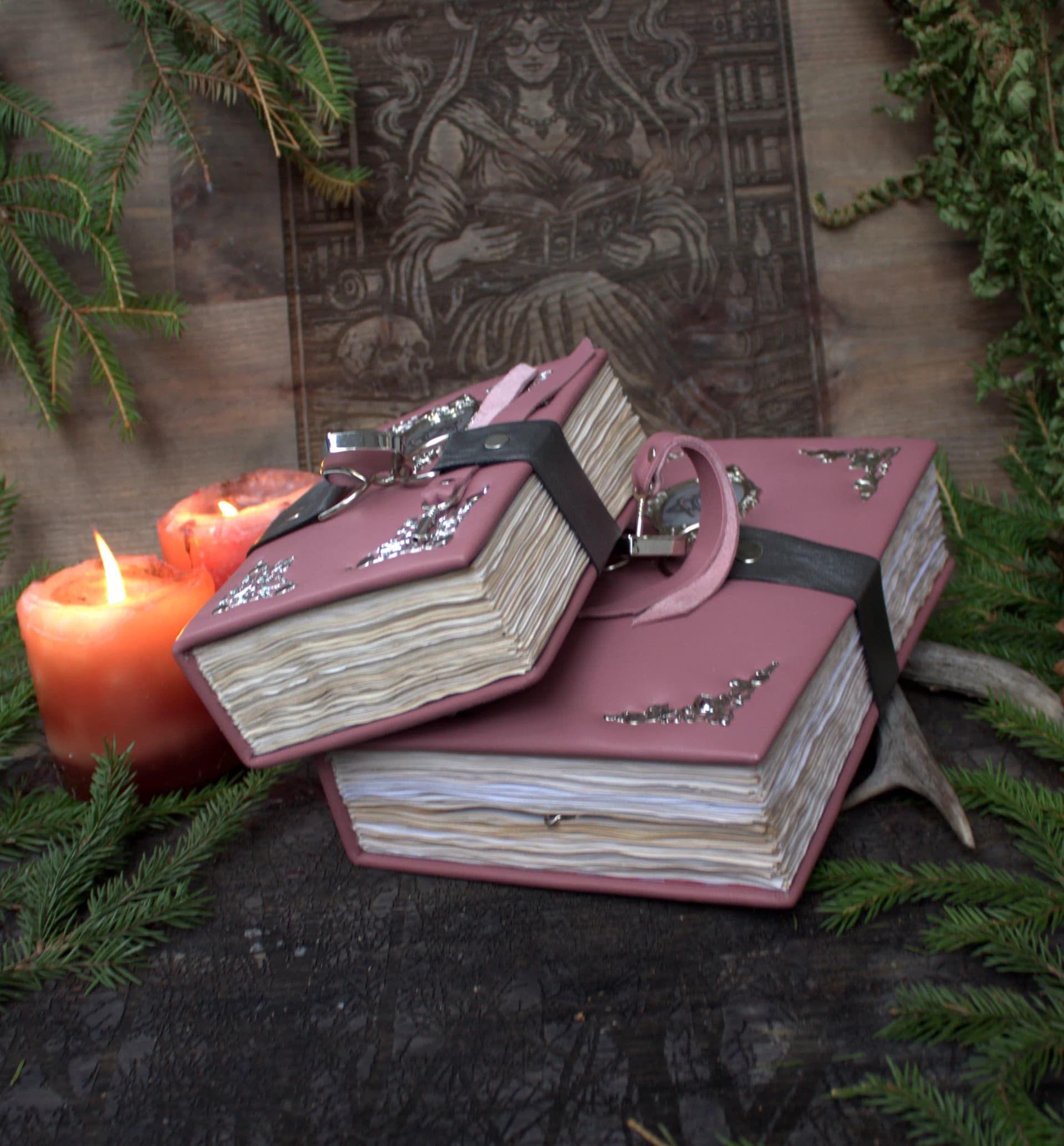 Handmade Pink Grimoire Set: Large and Small Witch Journal, Vintage Fantasy Notebook thumbnail 2