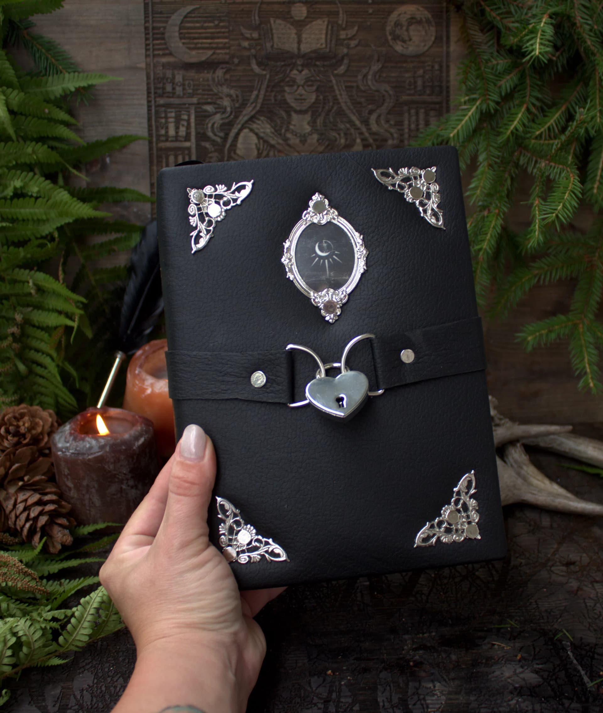 Leather Journal, Handmade Gothic Notebook, Black Grimoire, Vintage Spell Book, A5 Leather Diary with Lock, Fantasy Journal thumbnail 8
