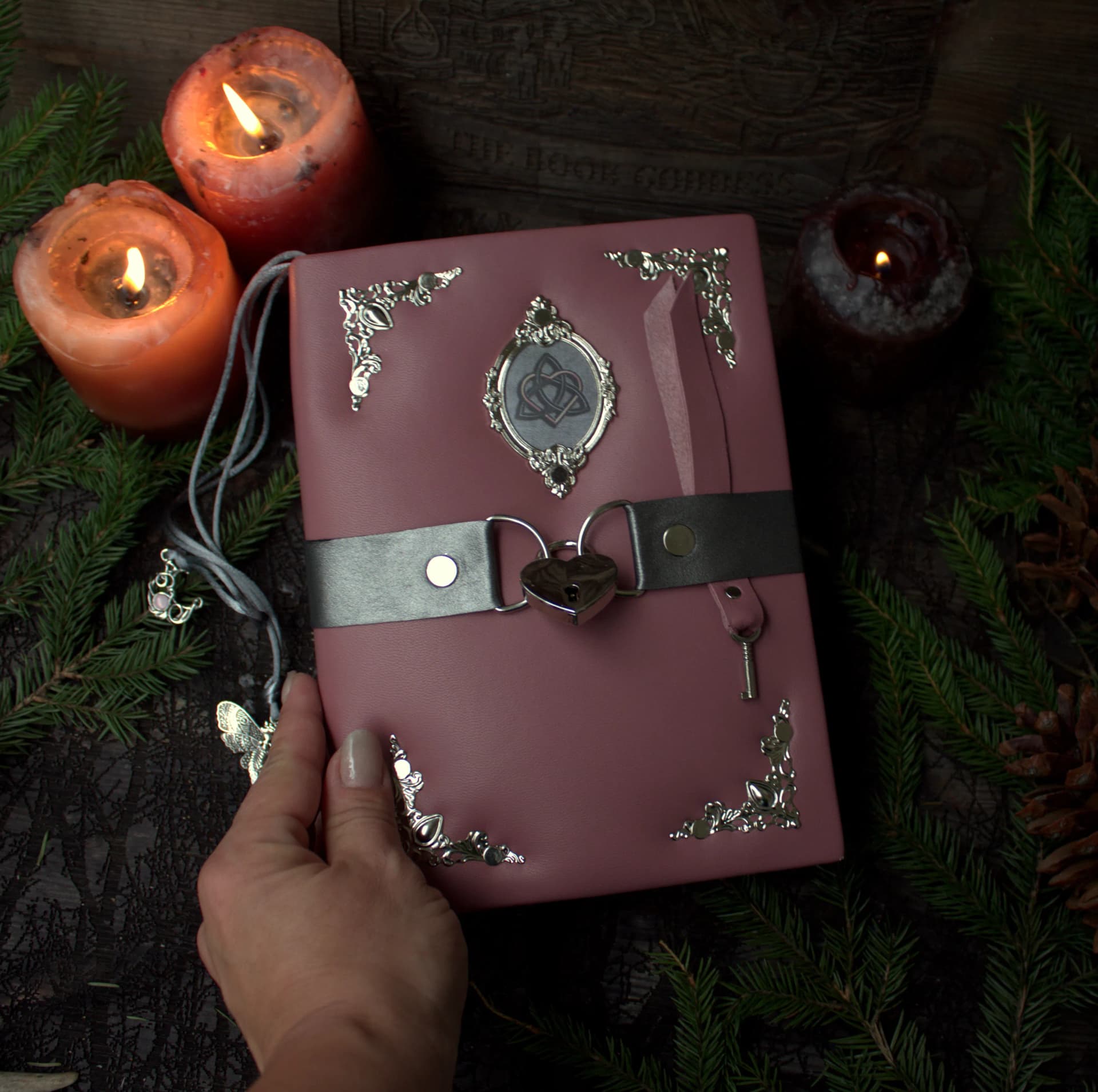 Pink Leather Grimoire Journal with Lock, Witch Spellbook thumbnail 5