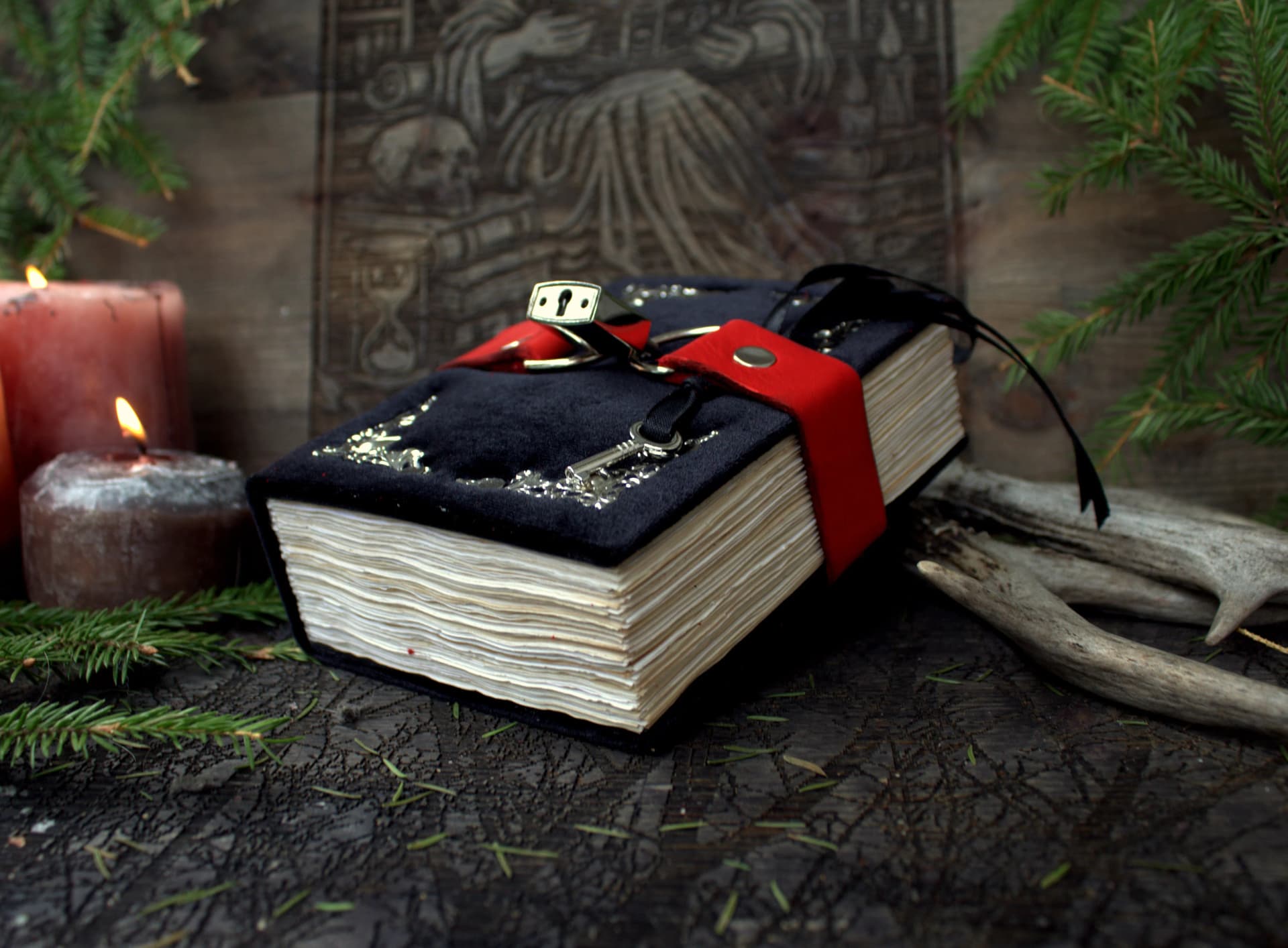 Handmade Velvet Grimoire Journal with Lock, Aged Pages - Image 1