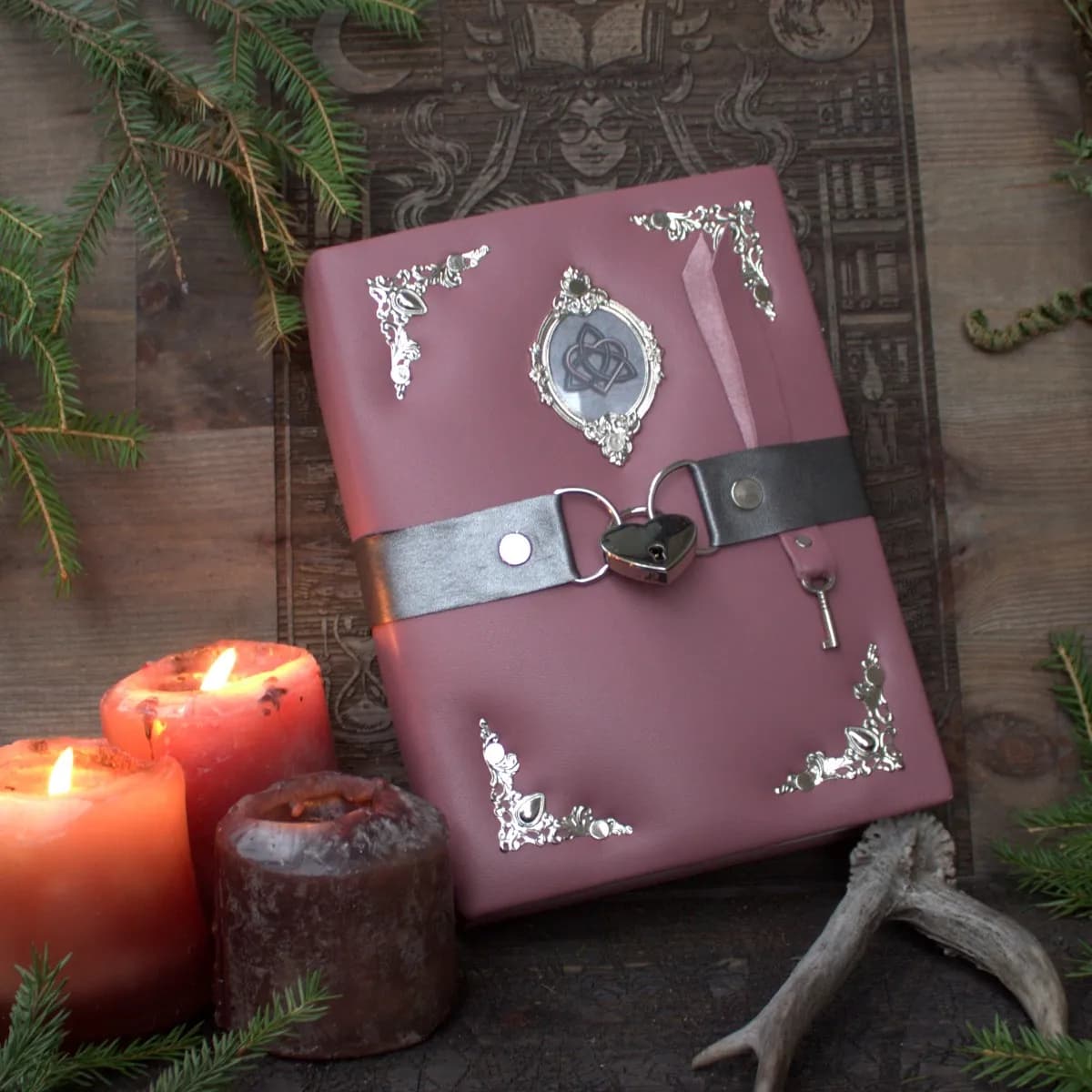 Pink Leather Grimoire Journal with Lock, Witch Spellbook thumbnail 10