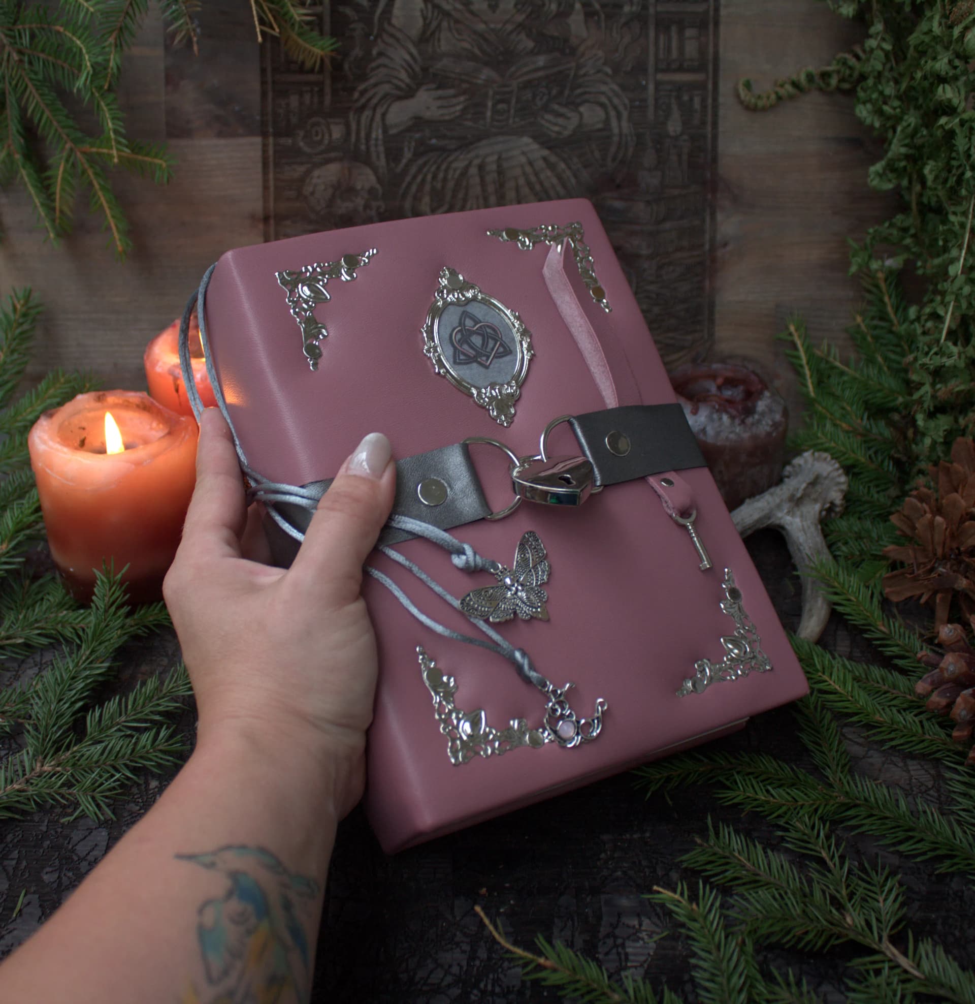 Pink Leather Grimoire Journal with Lock, Witch Spellbook thumbnail 3