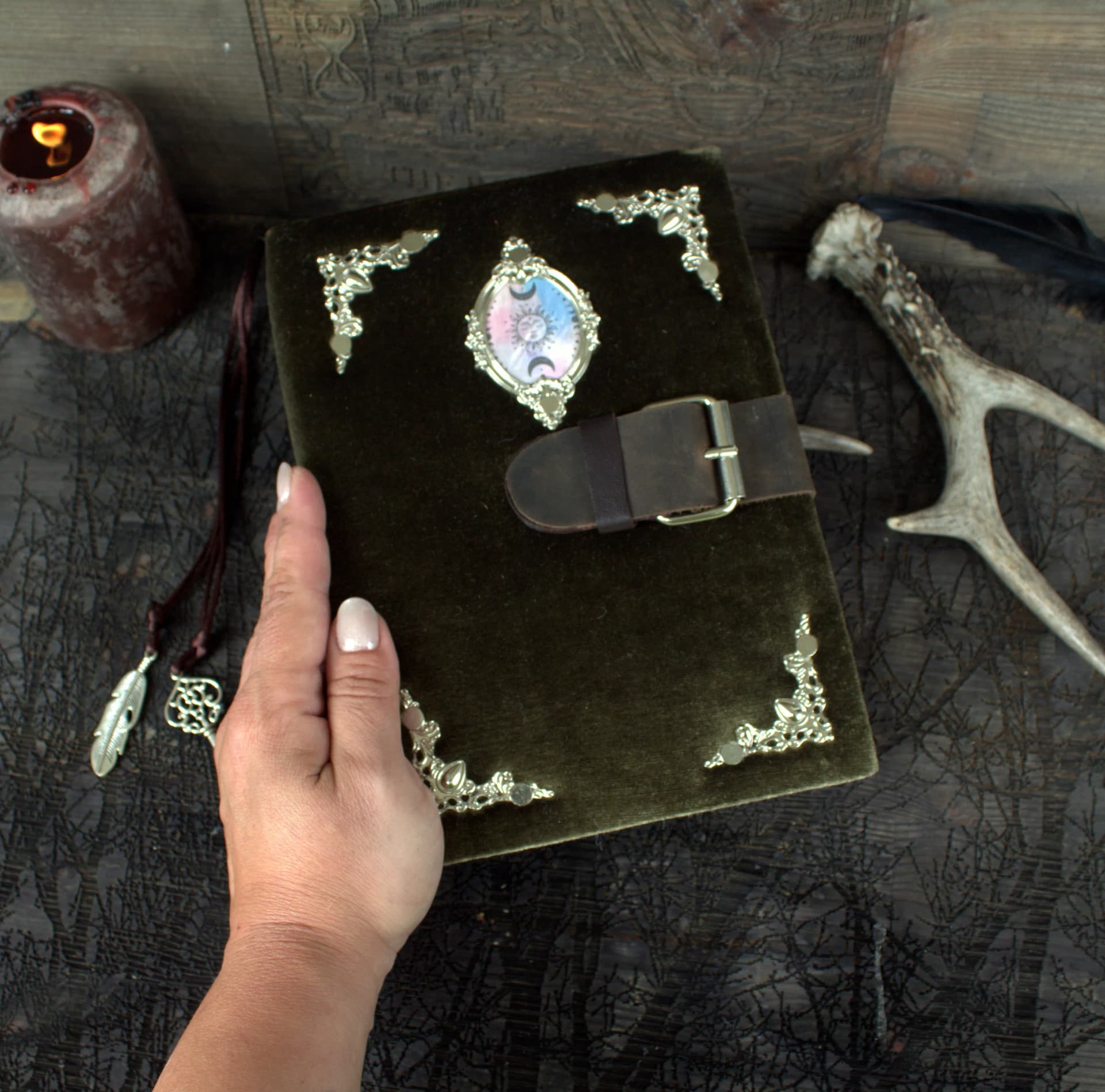 Handmade Velvet Grimoire Journal, Antique Style Book of Shadows thumbnail 6