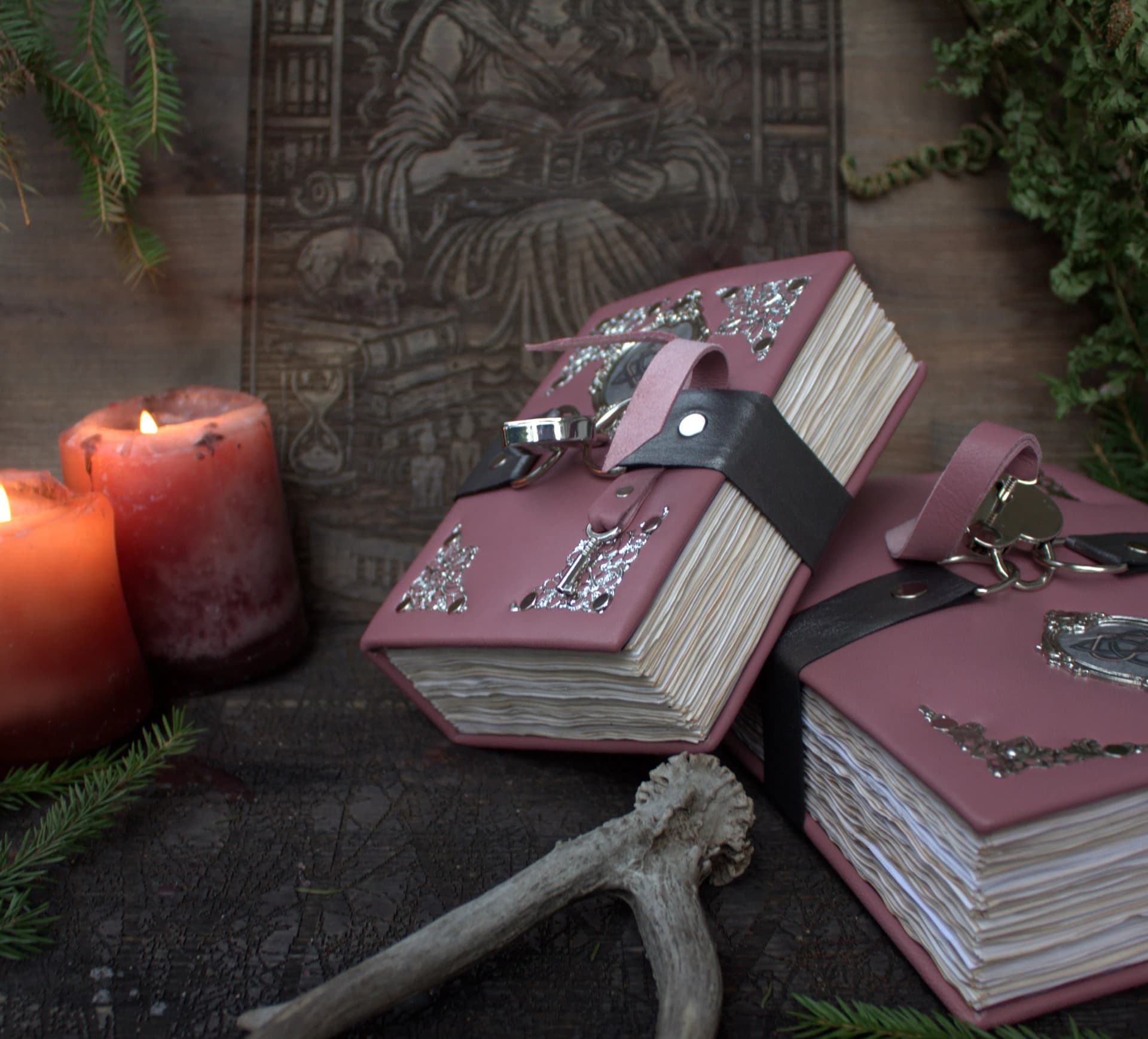 Handmade Pink Grimoire Set: Large and Small Witch Journal, Vintage Fantasy Notebook thumbnail 3